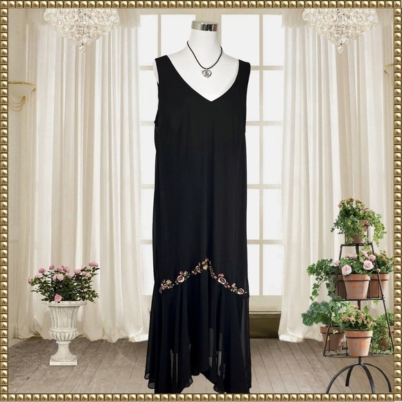 🌟HP🌟S.L. Fashions Black Boho Sleeveless Embroidered Ruffled Maxi Dress Size 24 - Picture 1 of 12